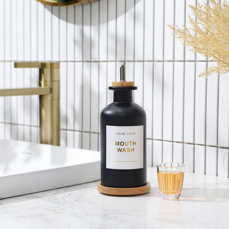 BONLONG 11.8OZ Glass Mouthwash Dispenser for Bathroom with Stainless Steel & Bamboo Nozzle, Mouthwash Cup Reusable, Bamboo Tray, and Elegant Gold Sticker.(Black) - Image 2
